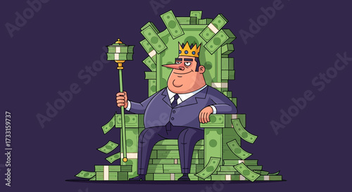 Wealthy King on Money Throne with Scepter - Financial Power & Success Cartoon