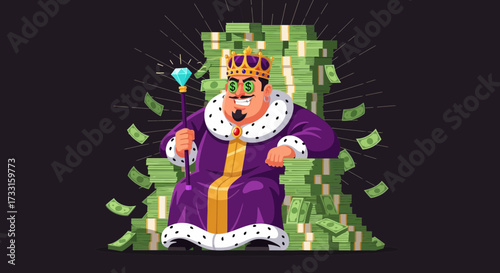 Cartoon King on Money Throne Holding Scepter, Symbolizing Wealth, Financial Power, and Success