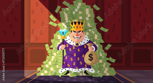 An animated king, adorned in a crown, sits on a throne of money, holding a scepter and a money bag.