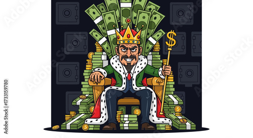 Cartoon illustration of a king sitting on a throne made of money, holding a dollar sign scepter, with a determined expression.