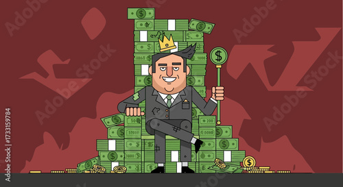 Cartoon Businessman King on Money Throne with Dollar Scepter. Concept of immense wealth, financial power, and business success.