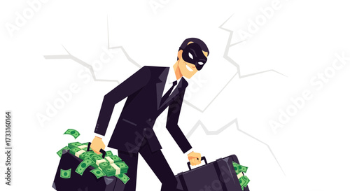 A masked thief in a suit carries briefcases overflowing with cash, escaping against a cracked wall background.