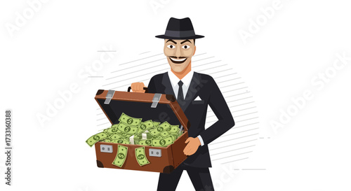A cartoon illustration of a smiling man holding a suitcase overflowing with money.