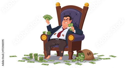 An angry, wealthy man sits on a throne surrounded by stacks and piles of money, holding cash in his hands.