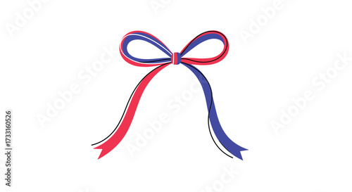 A festive bow with red and blue ribbons tied elegantly for decoration.