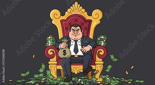 A wealthy businessman sits on a throne, holding a money bag surrounded by currency.