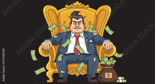 Cartoon illustration of a wealthy, arrogant man sitting on a golden throne, surrounded by falling money and a bag of cash.