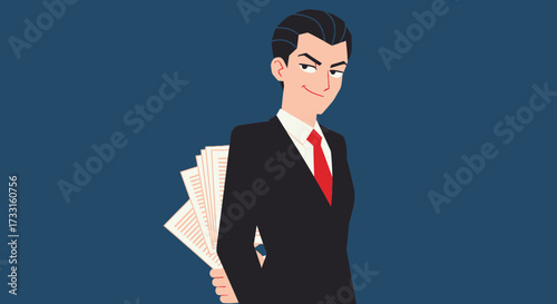 A sly-looking man in a suit hides papers behind his back, suggesting deception or a hidden agenda.
