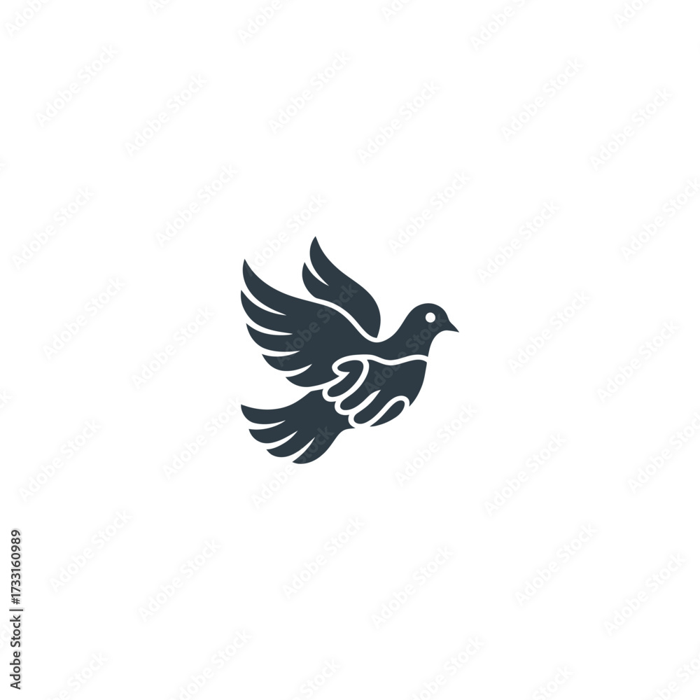 Obraz premium Flying dove silhouette logo, peace freedom emblem, simple minimal bird mark, spiritual calm branding, elegant monochrome vector