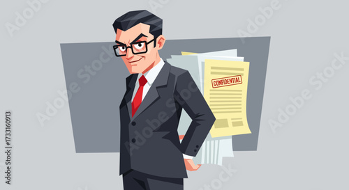 Cartoon depiction of a sly businessman holding confidential documents behind his back, suggesting secrecy or deception.
