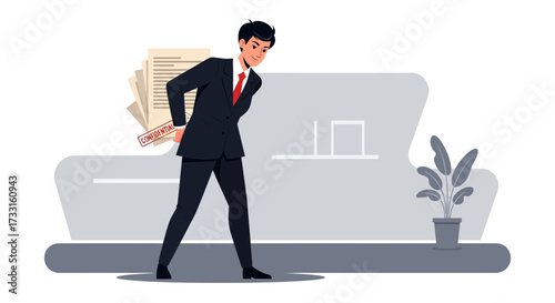 A businessman burdened with paperwork, walking in an office environment, feeling the weight.
