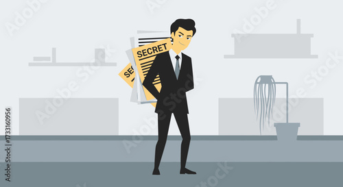 A stern businessman carrying secret documents, looking suspicious, in a modern office setting.