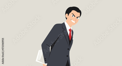Illustration of a businessman in a suit with a sly grin, holding papers behind his back.