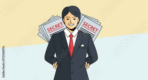 A smiling man in a suit stands with his hands behind his back, hiding classified documents labeled "SECRET".