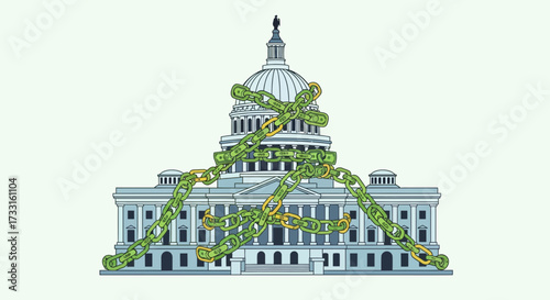 The United States Capitol Building is depicted with a chain made of money wrapping around it, symbolizing corruption.