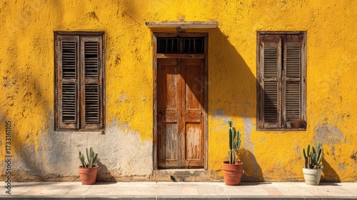 Sunlit facade with wooden door/shutters, vibrant yellow wall, potted cacti on a stone ledge