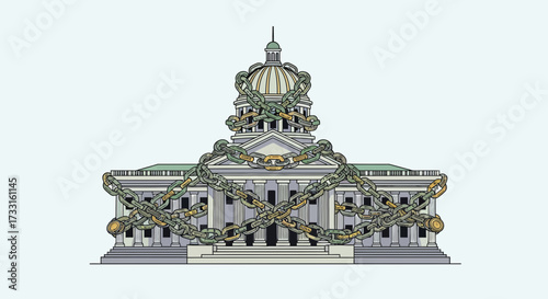 A stylized illustration of a government building, adorned with chains and a laurel wreath, against a plain backdrop.