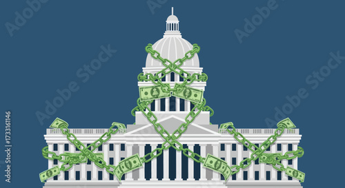 A government building is depicted, bound by chains made of money, representing corruption or financial influence.