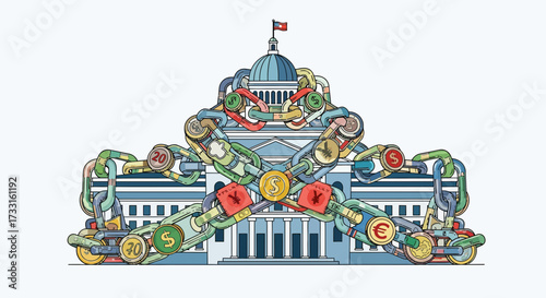 An illustration depicting a government building entangled in chains and coins, symbolizing financial control and influence.