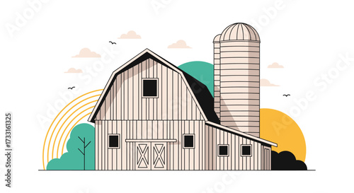 A charming barn and silo stand against a bright sky with a rainbow.