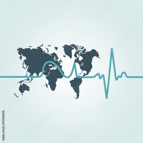 World map with heartbeat line, global health concept, teal medical monitor trace, international wellness theme, clean vector design