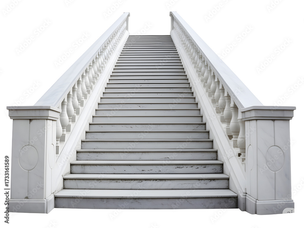 Fototapeta premium Elegant marble staircase with ornate balustrade isolated on white or transparent background
