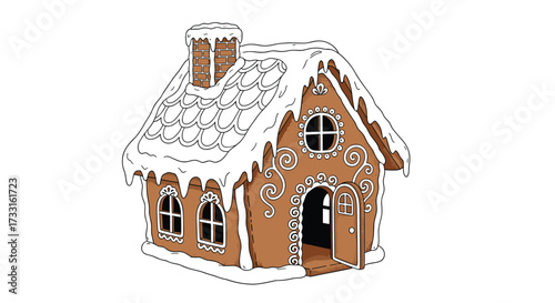 A detailed and festive gingerbread house with intricate icing decorations and snow-covered roof.