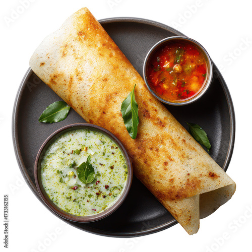 Delicious masala dosa with chutney and sambar isolated on transparent background