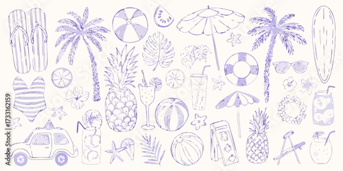Collection of hand drawn purple summer vacation and beach elements for a fun tropical getaway