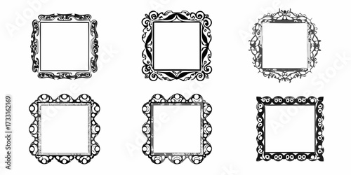 Collection of six unique decorative black and white ornate square picture frames with empty space for text or images