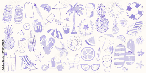 Collection of hand drawn purple summer vacation icons and symbols on a light background