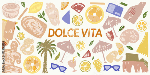 Dolce vita summer vacation lifestyle collage with citrus fruits palm tree and beach accessories