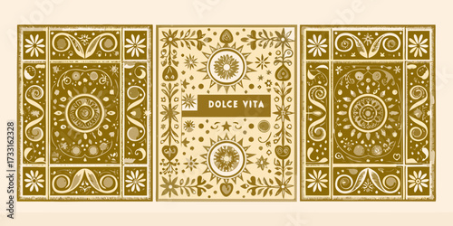 Triptych decorative panel with dolce vita text and intricate floral and sun motifs in golden hues