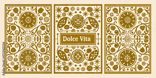 Triptych decorative panel with dolce vita text and ornate floral and fruit motifs in earth tones
