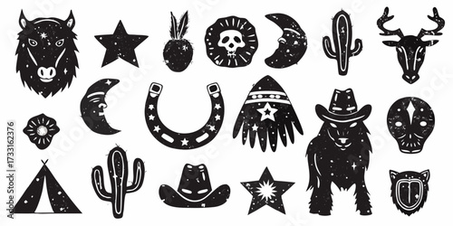 Collection of black and white western and celestial icons with grunge texture