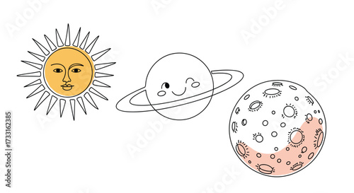 An illustrated representation of celestial bodies including the sun a planet and the moon.