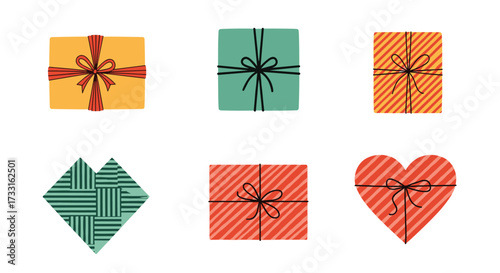 A collection of six beautifully wrapped presents in various shapes and colors.