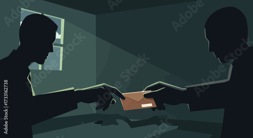 Two silhouetted figures exchange a sealed envelope in a dimly lit room with a window casting a beam of light.