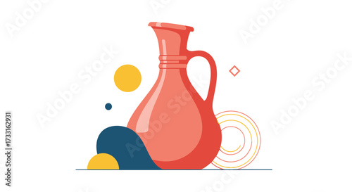 Abstract illustration of an earthenware jug with decorative elements and colorful shapes.