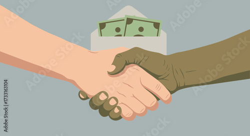 Two hands clasped in a handshake, with money visible in an envelope.