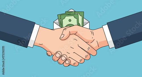 Two individuals shaking hands over an envelope filled with cash, suggesting a business deal or transaction.
