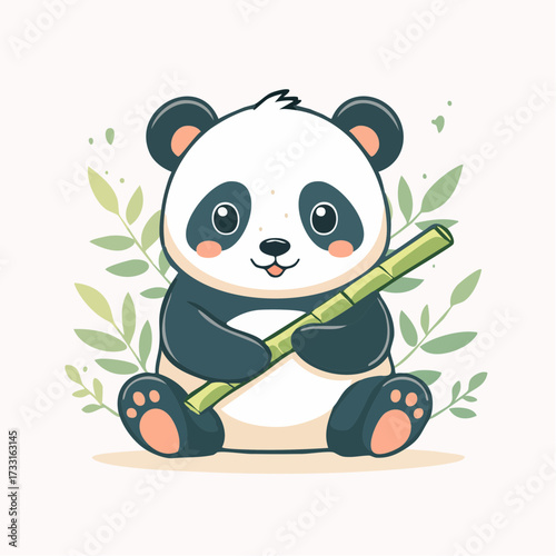 Adorable cartoon panda character sitting and holding a bamboo branch. A cute and happy baby bear vector illustration isolated on a white background