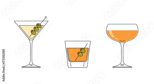 A collection of classic cocktails presented in elegant glassware for your enjoyment.