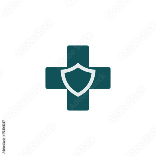 Medical cross with protective shield, safe care branding, pharmacy clinic identity, secure health services, simple geometric logo vector