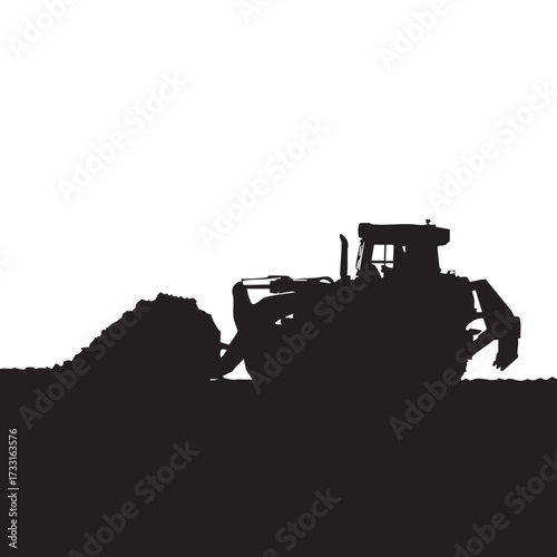 A black silhouette of a bulldozer pushing a pile of earth against a stark white background, showcasing heavy machinery.
