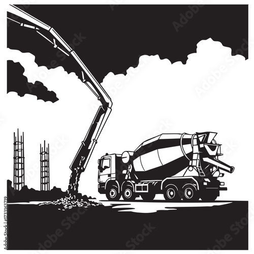 A concrete mixer truck pours cement onto a construction site, with a pump extending towards the ground, creating a new structure.