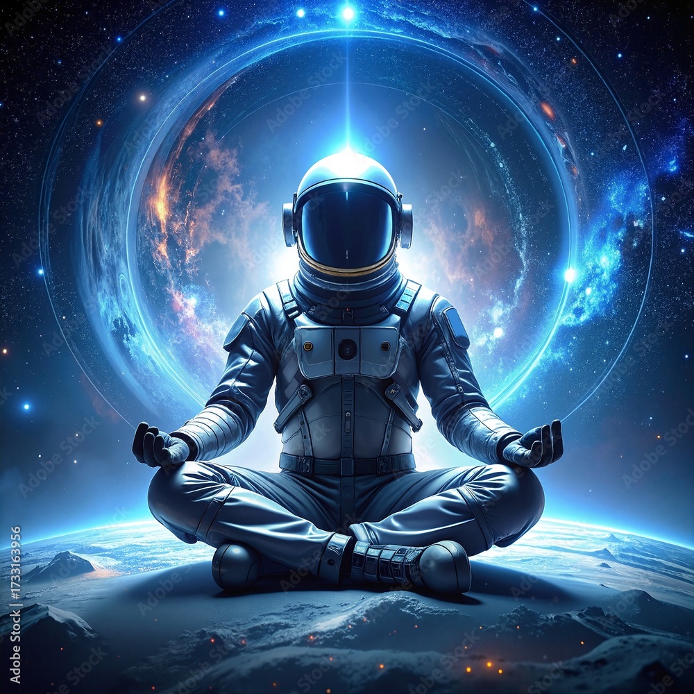 Fototapeta premium A serene man in a sleek astronaut suit sits cross-legged, meditating peacefully against the backdrop of Earth, stars twinkling in the vast cosmos.