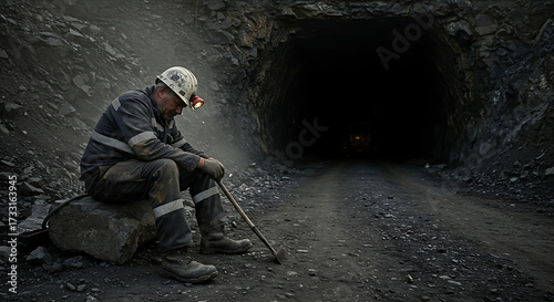 tired miner resting near dark mine tunnel entrance