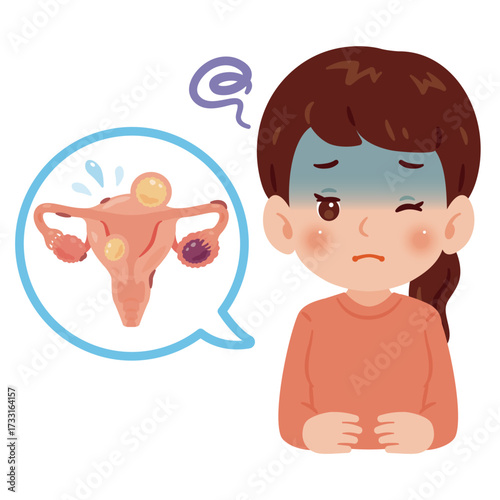 子宮や卵巣が不健康な女性　上半身イラスト／Woman with an unhealthy uterus and ovaries　upper body illustration
