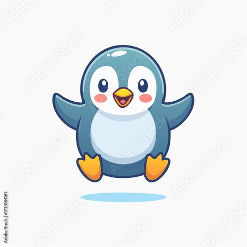 Vector illustration of a cute and happy baby penguin character jumping with excitement, adorable arctic animal mascot design isolated on a white background